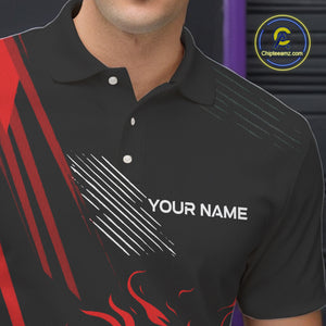 Black and Red Flame Bowling Polo, Quarter Zip Shirts For Men Custom Bowling Outfit Team Jerseys NQS10192