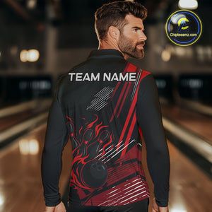 Black and Red Flame Bowling Polo, Quarter Zip Shirts For Men Custom Bowling Outfit Team Jerseys NQS10192