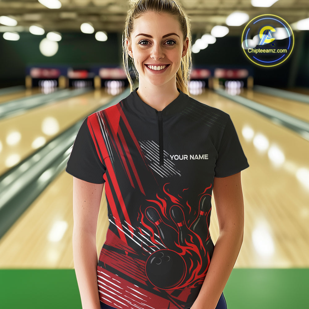Black and Red Flame Bowling Polo, Quarter Zip Shirts For Women Custom Bowling Outfit Team Jerseys NQS10192