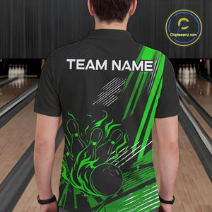Black and Green Flame Bowling Polo, Quarter Zip Shirts For Men Custom Bowling Outfit Team Jerseys NQS10193