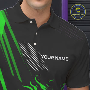 Black and Green Flame Bowling Polo, Quarter Zip Shirts For Men Custom Bowling Outfit Team Jerseys NQS10193