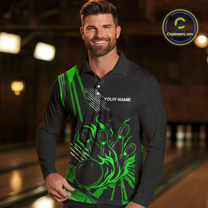 Black and Green Flame Bowling Polo, Quarter Zip Shirts For Men Custom Bowling Outfit Team Jerseys NQS10193