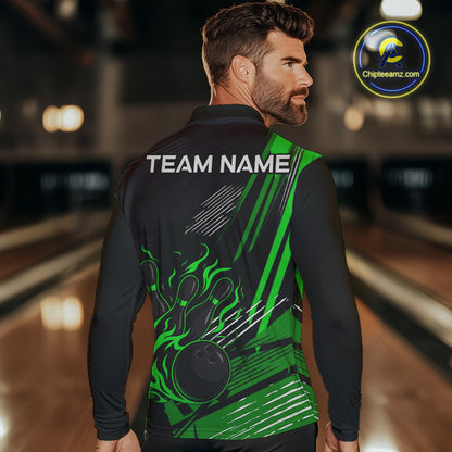 Black and Green Flame Bowling Polo, Quarter Zip Shirts For Men Custom Bowling Outfit Team Jerseys NQS10193