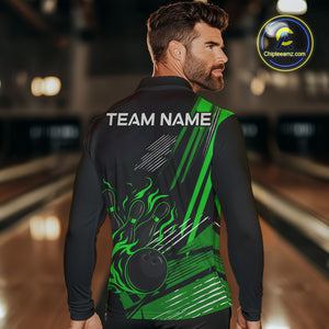 Black and Green Flame Bowling Polo, Quarter Zip Shirts For Men Custom Bowling Outfit Team Jerseys NQS10193