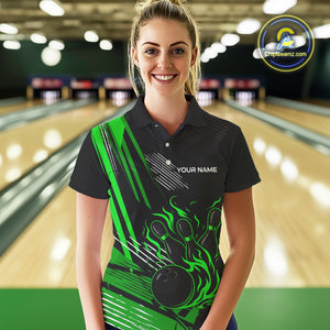 Black and Green Flame Bowling Polo, Quarter Zip Shirts For Women Custom Bowling Outfit Team Jerseys NQS10193