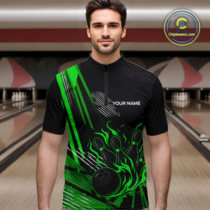 Black and Green Flame Bowling Polo, Quarter Zip Shirts For Men Custom Bowling Outfit Team Jerseys NQS10193