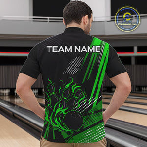 Black and Green Flame Bowling Polo, Quarter Zip Shirts For Men Custom Bowling Outfit Team Jerseys NQS10193