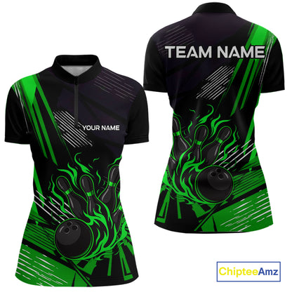 Black and Green Flame Bowling Polo, Quarter Zip Shirts For Women Custom Bowling Outfit Team Jerseys NQS10193