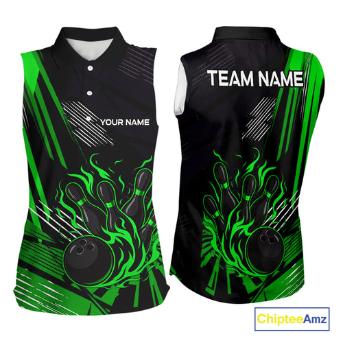 Black and Green Flame Bowling sleeveless polo Shirts Custom Bowling Outfit Team Jerseys NQS10193