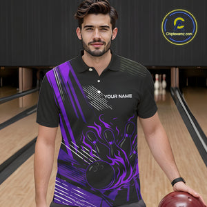 Black and Purple Flame Bowling Polo, Quarter Zip Shirts For Men Custom Bowling Outfit Team Jerseys NQS10194