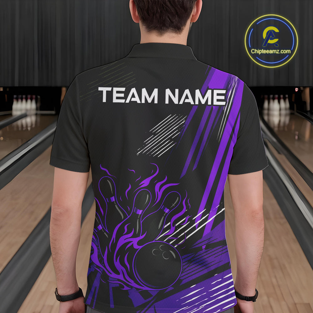 Black and Purple Flame Bowling Polo, Quarter Zip Shirts For Men Custom Bowling Outfit Team Jerseys NQS10194