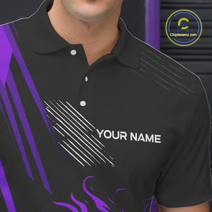 Black and Purple Flame Bowling Polo, Quarter Zip Shirts For Men Custom Bowling Outfit Team Jerseys NQS10194