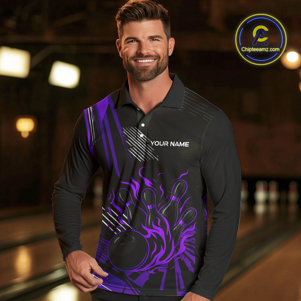 Black and Purple Flame Bowling Polo, Quarter Zip Shirts For Men Custom Bowling Outfit Team Jerseys NQS10194