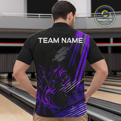 Black and Purple Flame Bowling Polo, Quarter Zip Shirts For Men Custom Bowling Outfit Team Jerseys NQS10194