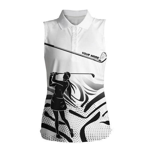 Black and White Camo custom Women sleeveless golf polo shirt, personalized golf attire for women NQS8152