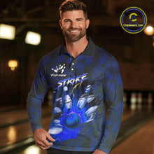 Load image into Gallery viewer, Blue Camo strike Men&#39;s Bowling Polo, Quarter Zip Shirt Custom Team Bowling jersey, gift for bowler NQS10343