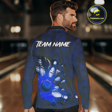 Load image into Gallery viewer, Blue Camo strike Men&#39;s Bowling Polo, Quarter Zip Shirt Custom Team Bowling jersey, gift for bowler NQS10343