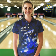 Load image into Gallery viewer, Blue Camo strike Women&#39;s Bowling Polo, Quarter Zip Shirt Custom Team Bowling jersey, gift for bowler NQS10343