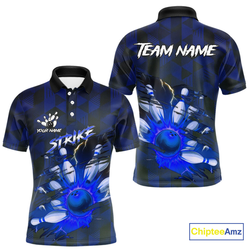 Blue Camo strike Men's Bowling Polo, Quarter Zip Shirt Custom Team Bowling jersey, gift for bowler NQS10343