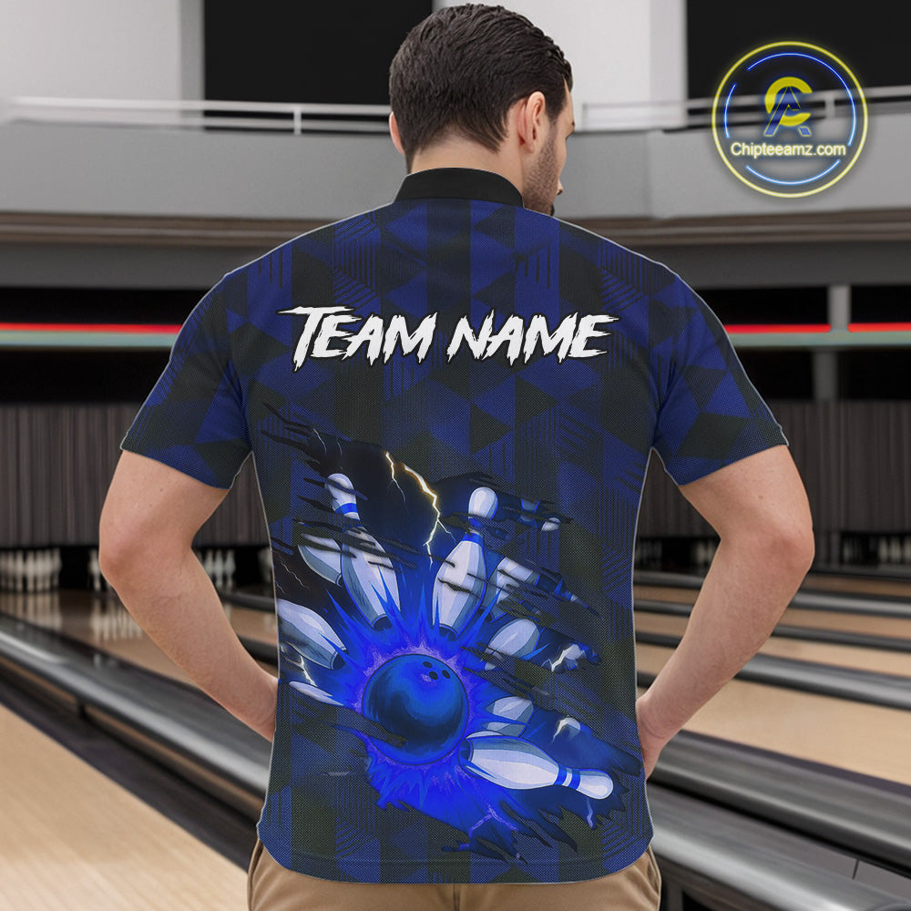 Blue Camo strike Men's Bowling Polo, Quarter Zip Shirt Custom Team Bowling jersey, gift for bowler NQS10343