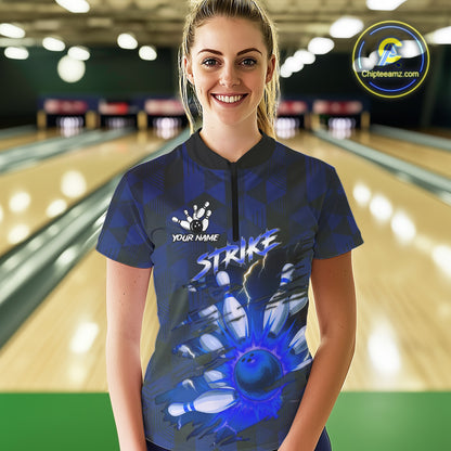 Blue Camo strike Women's Bowling Polo, Quarter Zip Shirt Custom Team Bowling jersey, gift for bowler NQS10343