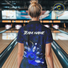 Load image into Gallery viewer, Blue Camo strike Women&#39;s Bowling Polo, Quarter Zip Shirt Custom Team Bowling jersey, gift for bowler NQS10343