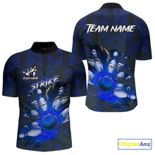 Load image into Gallery viewer, Blue Camo strike Men&#39;s Bowling Polo, Quarter Zip Shirt Custom Team Bowling jersey, gift for bowler NQS10343