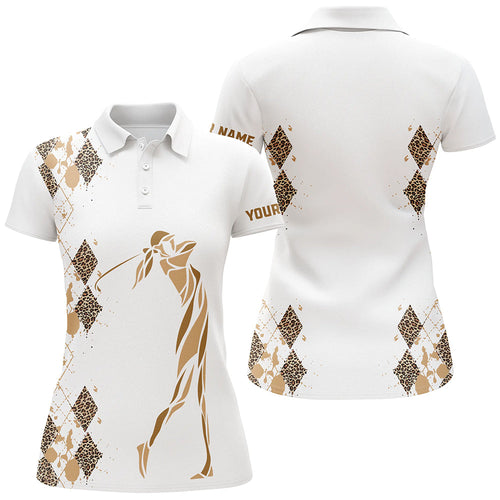 Leopard argyle pattern white Women golf polo shirts custom golf wear for women, unique golf gifts NQS8378