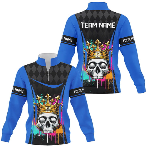 Black argyle pattern colorful Skull Quarter zip golf sweatshirt custom golf sweater golf tops | Blue NQS8379