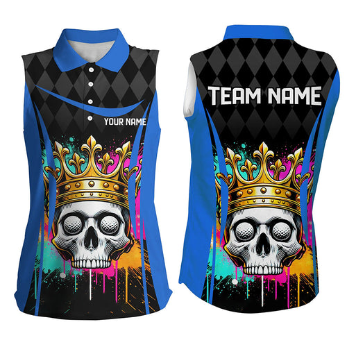 Black argyle pattern colorful Skull Women sleeveless golf polo shirt custom ladies golf tank top| Blue NQS8379