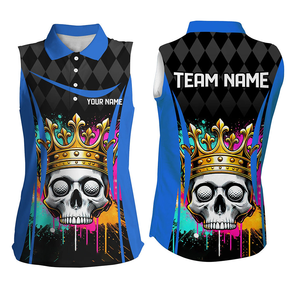 Black argyle pattern colorful Skull Women sleeveless golf polo shirt custom ladies golf tank top| Blue NQS8379