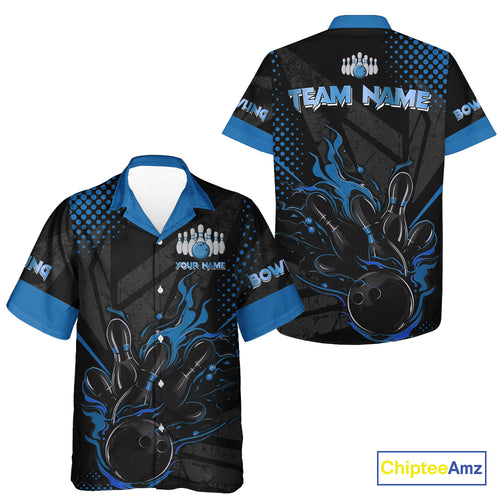 Personalized Black and Blue Flame Bowling Hawaiian Shirt, Custom bowling Team Button Up Shirts NQS10771