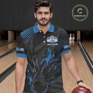 Personalized Black and Blue Flame Bowling Polo, 1/4 Zip Shirts For Men, Custom bowling Team Jerseys NQS10771