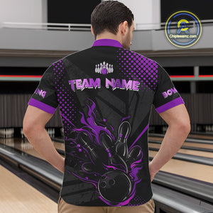 Personalized Black and Purple Flame Bowling Polo, 1/4 Zip Shirts For Men, Custom bowling Team Jerseys NQS10773