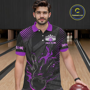 Personalized Black and Purple Flame Bowling Polo, 1/4 Zip Shirts For Men, Custom bowling Team Jerseys NQS10773