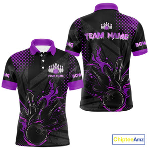 Personalized Black and Purple Flame Bowling Polo, 1/4 Zip Shirts For Men, Custom bowling Team Jerseys NQS10773