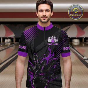 Personalized Black and Purple Flame Bowling Polo, 1/4 Zip Shirts For Men, Custom bowling Team Jerseys NQS10773