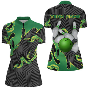 Green Flame Black Camo Bowling Polo, Quarter zip Shirt For Women Custom Team League Bowling Jerseys NQS8825