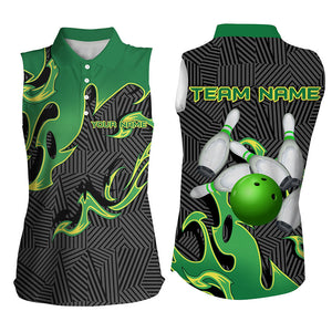 Green Flame Black Camo Bowling Sleeveless Polo Shirt For Women Custom Team League Bowling Jerseys NQS8825