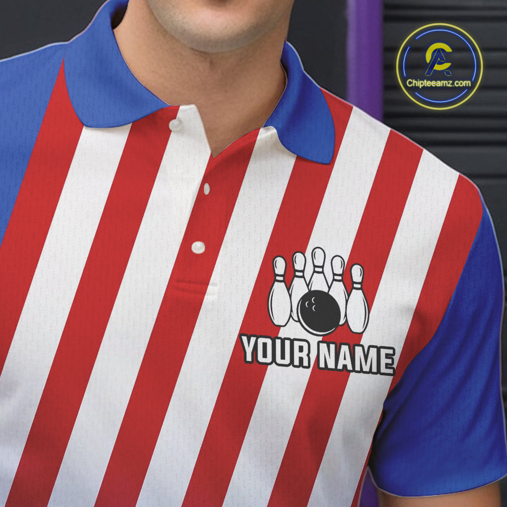 Red, White and Blue US Flag Bowling Shirts for Men Custom Patriotic Bowling Team Jerseys NQS11148