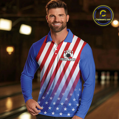Red, White and Blue US Flag Bowling Shirts for Men Custom Patriotic Bowling Team Jerseys NQS11148