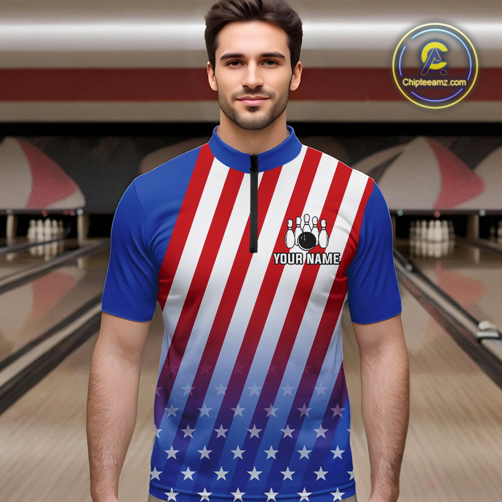 Red, White and Blue US Flag Bowling Shirts for Men Custom Patriotic Bowling Team Jerseys NQS11148