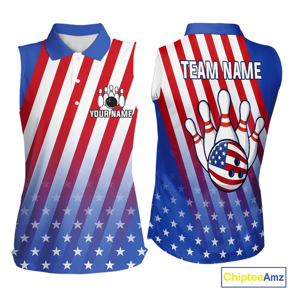 Red, White and Blue US Flag Bowling Sleeveless Polo Shirt Custom Patriotic Bowling Team Jerseys NQS11148
