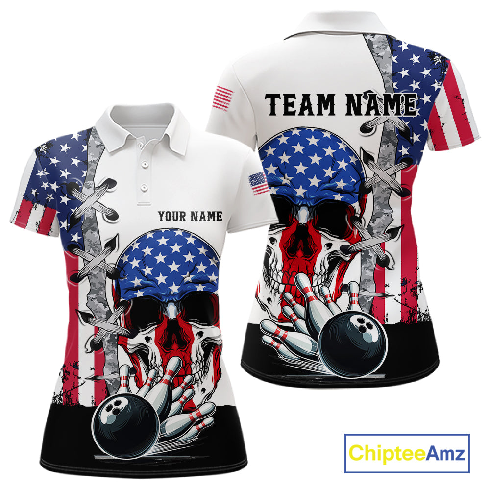 American Flag Skull Bowling Polo, Quarter Zip Shirts for Women Custom Patriotic Bowling Team jerseys NQS11694