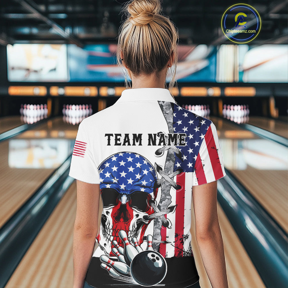 American Flag Skull Bowling Polo, Quarter Zip Shirts for Women Custom Patriotic Bowling Team jerseys NQS11694