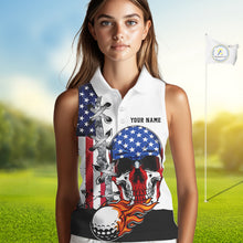 Load image into Gallery viewer, American Flag Skull Flame Golf Ball Sleeveless Golf Polo shirt Custom Patriotic golf attire for ladie NQS11695