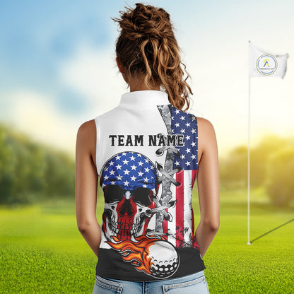 American Flag Skull Flame Golf Ball Sleeveless Golf Polo shirt Custom Patriotic golf attire for ladie NQS11695