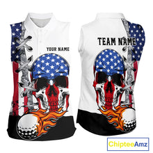 Load image into Gallery viewer, American Flag Skull Flame Golf Ball Sleeveless Golf Polo shirt Custom Patriotic golf attire for ladie NQS11695
