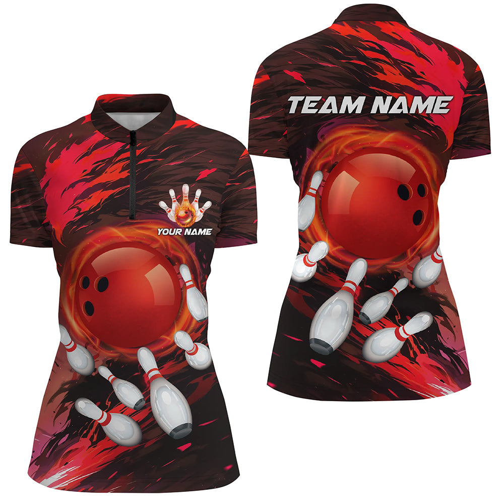 Womens Quarter Zip shirts Custom red camo Bowling Team league Jerseys, bowling gifts for bowlers NQS7379
