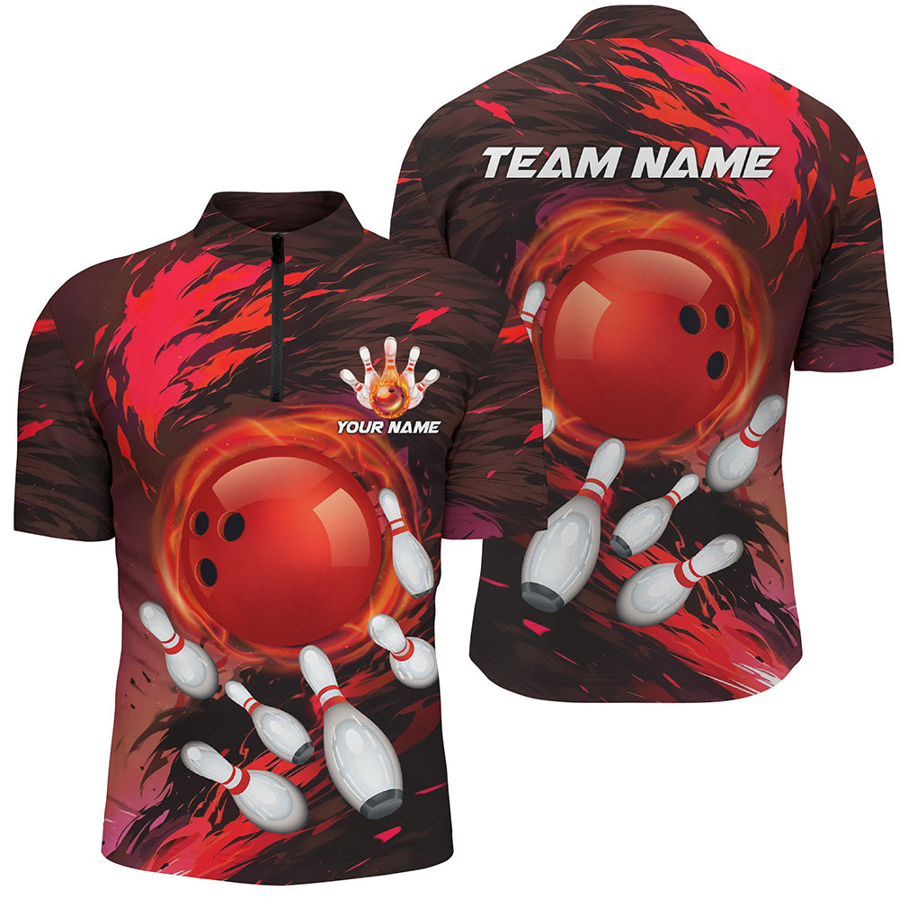 Men bowling Quarter Zip shirts Custom red camo Bowling Team league Jerseys, bowling gifts for bowlers NQS7379